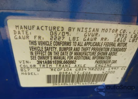 2009 Nissan Sentra 2.0/2.0S/2.0Sl z USA, uszkodzony, nr VIN 3N1AB61E09L660862